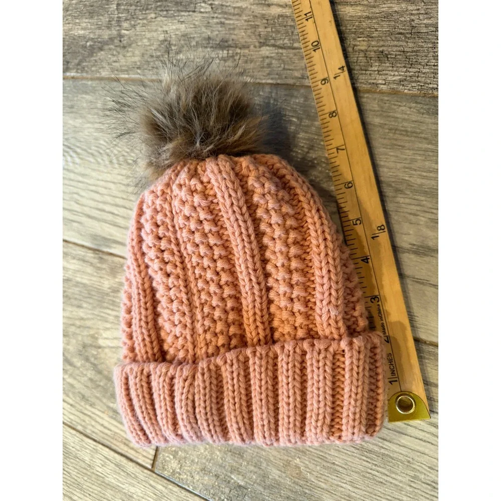 C.C Kids Beanie Hat One Size Cable Knit Faux Fur Pom Winter Girls Sherpa Lined
